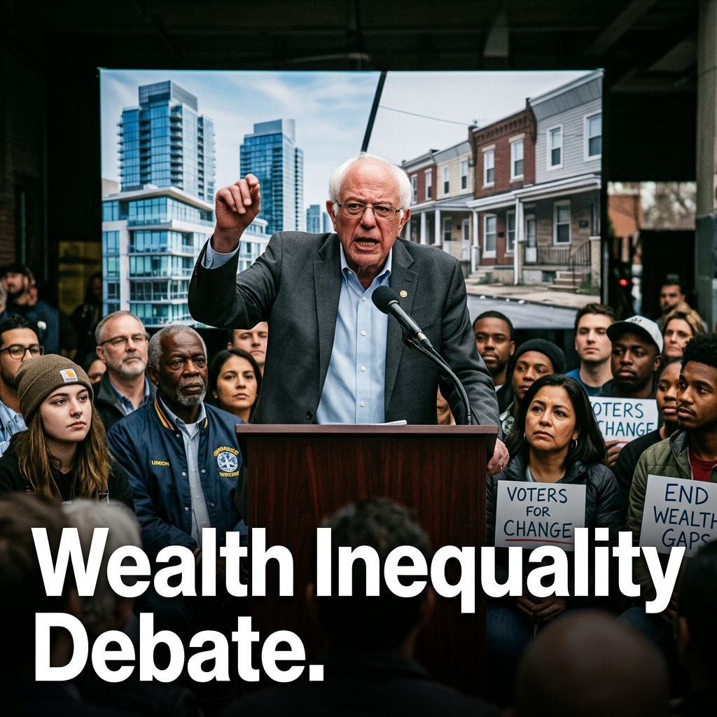 Bernie Sanders speaking passionately at a rally, urging action against wealth inequality.