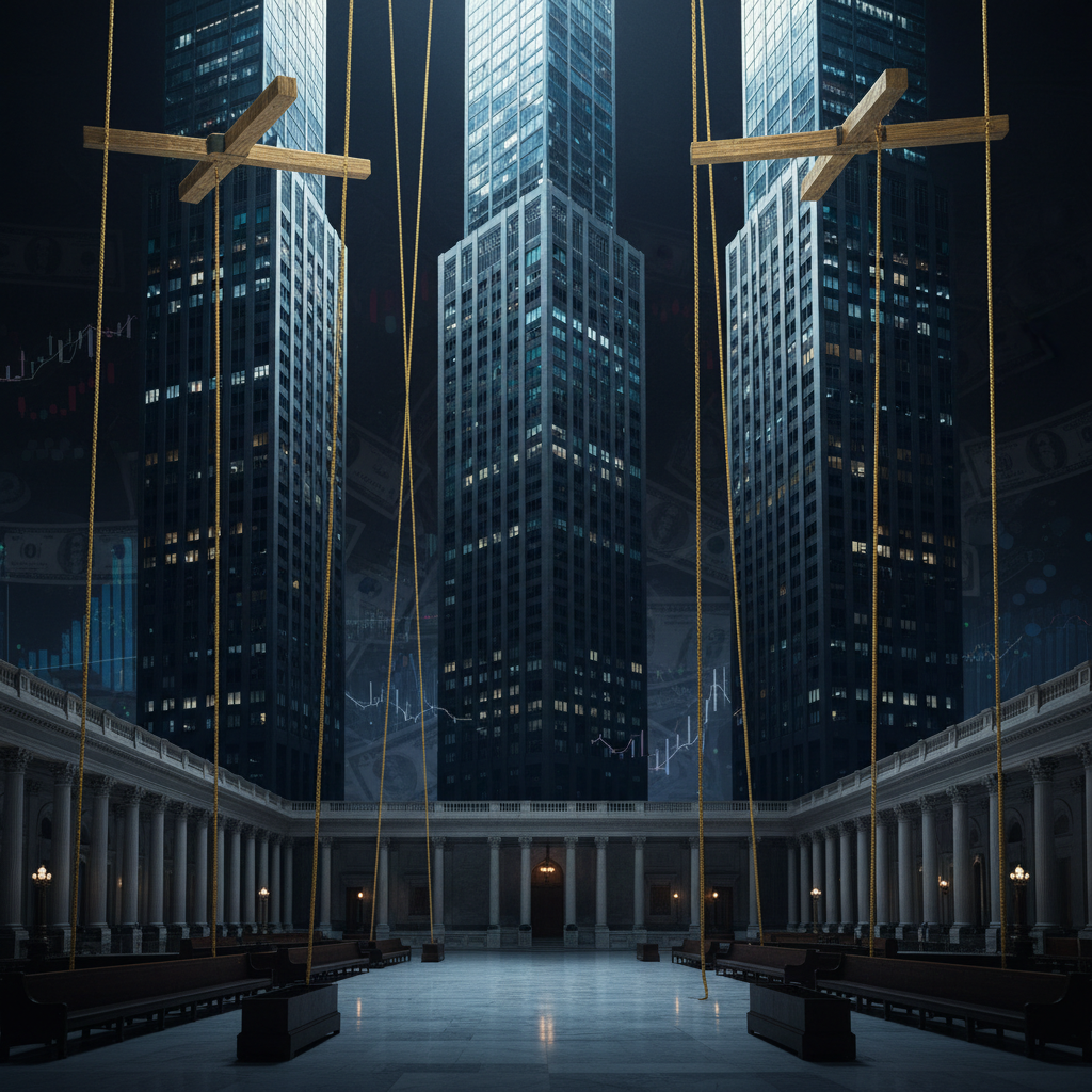Congressional chamber with Wall Street symbols, illustrating influence