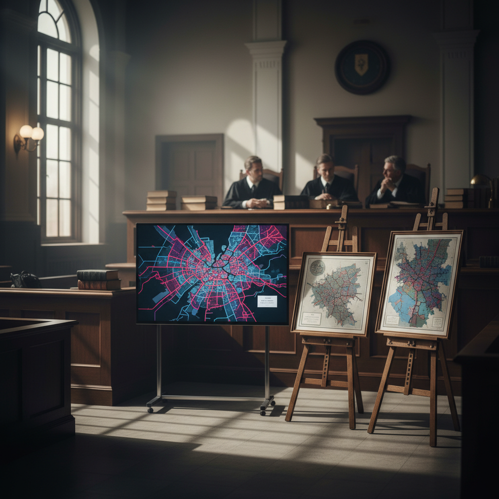 State court judges in a courtroom deliberating over electoral maps and gerrymandering