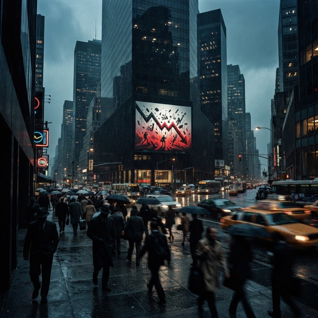Tall skyscrapers with shadowy figures highlighted, symbolizing the commercial real estate crash.
