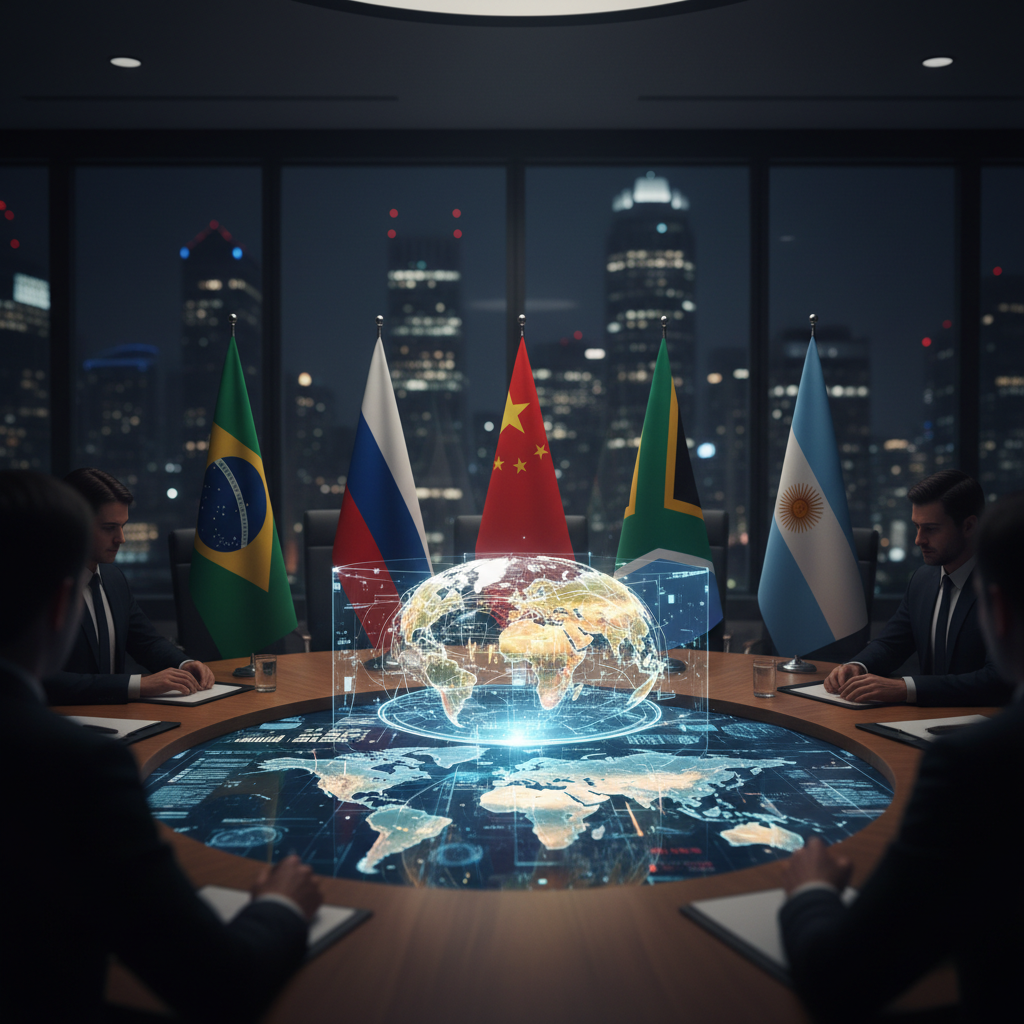 World leaders at a BRICS summit discussing BRICS expansion strategies