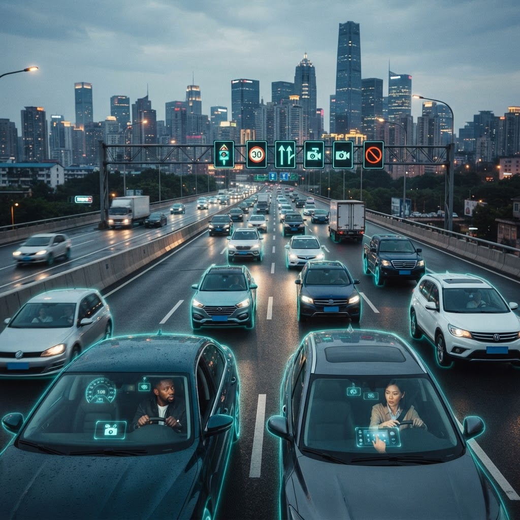 Vehicle dashboard showing speed governor technology in action on the highway.