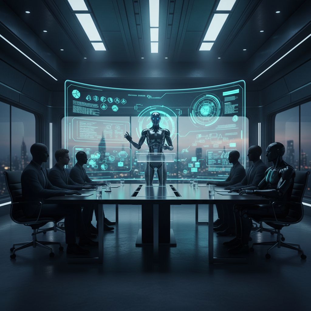 Illustration of AI and human figures in ethical debate with technology focus