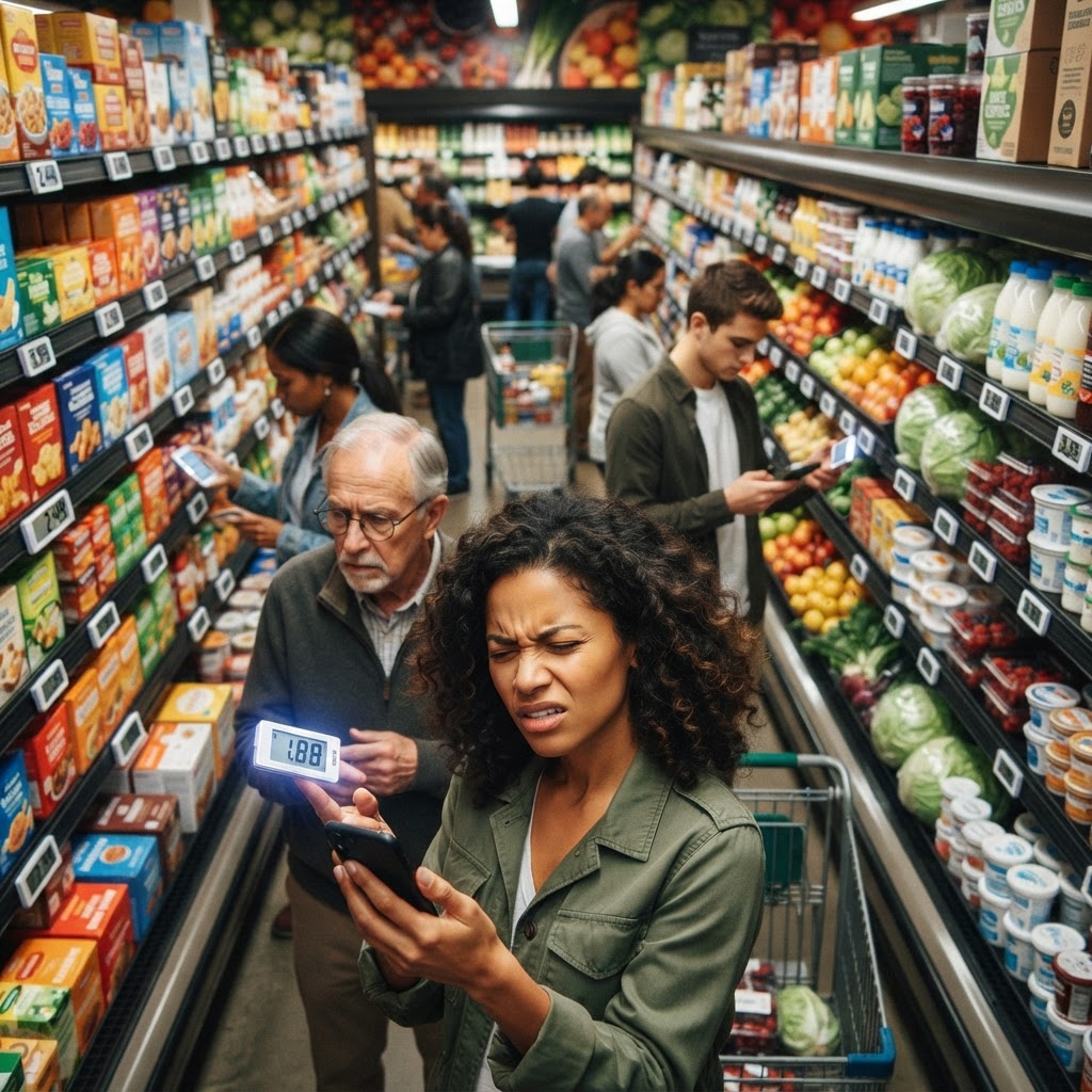 Electronic shelf labels in a supermarket displaying dynamic prices amid colorful produce, illustrating grocery surge pricing.