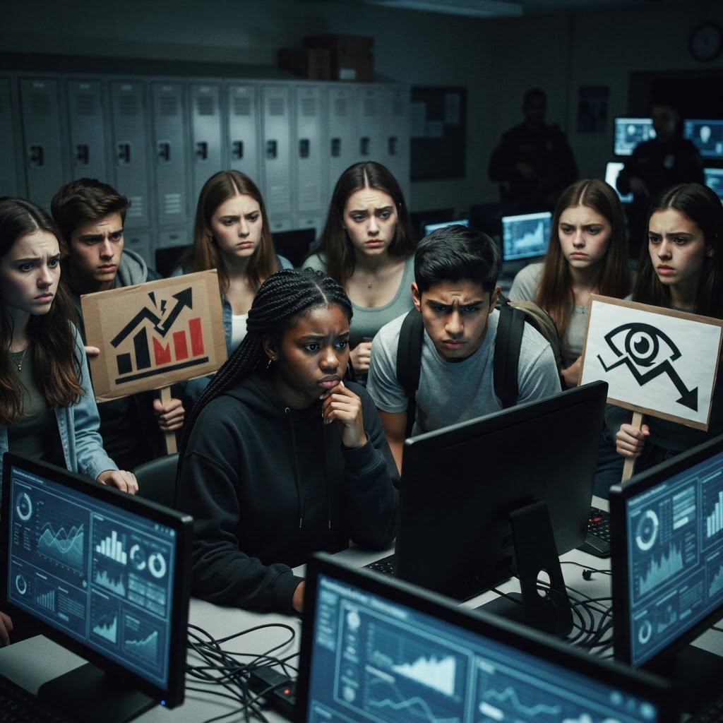 Teenagers at school protest the student behavioral risk AI score system