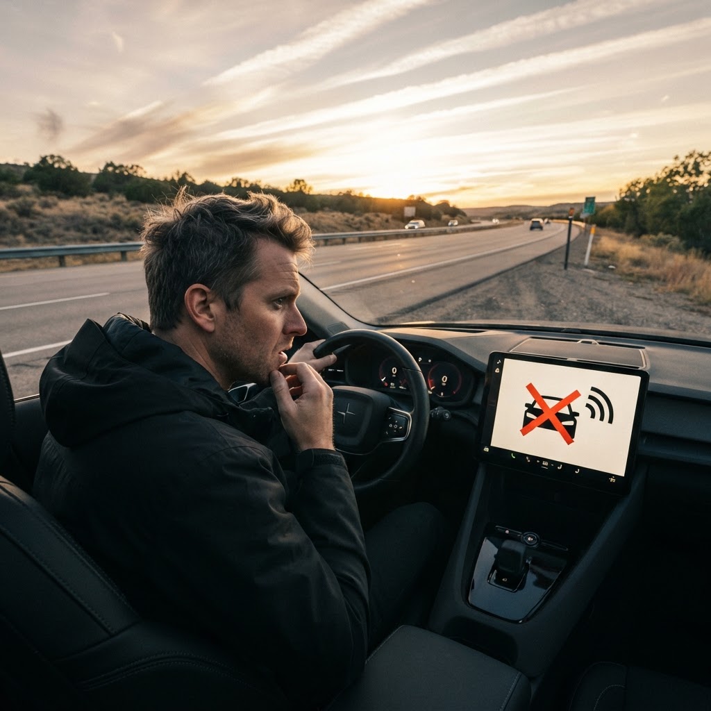 An EV screen shows software warning, highlighting remote car deactivation concerns.