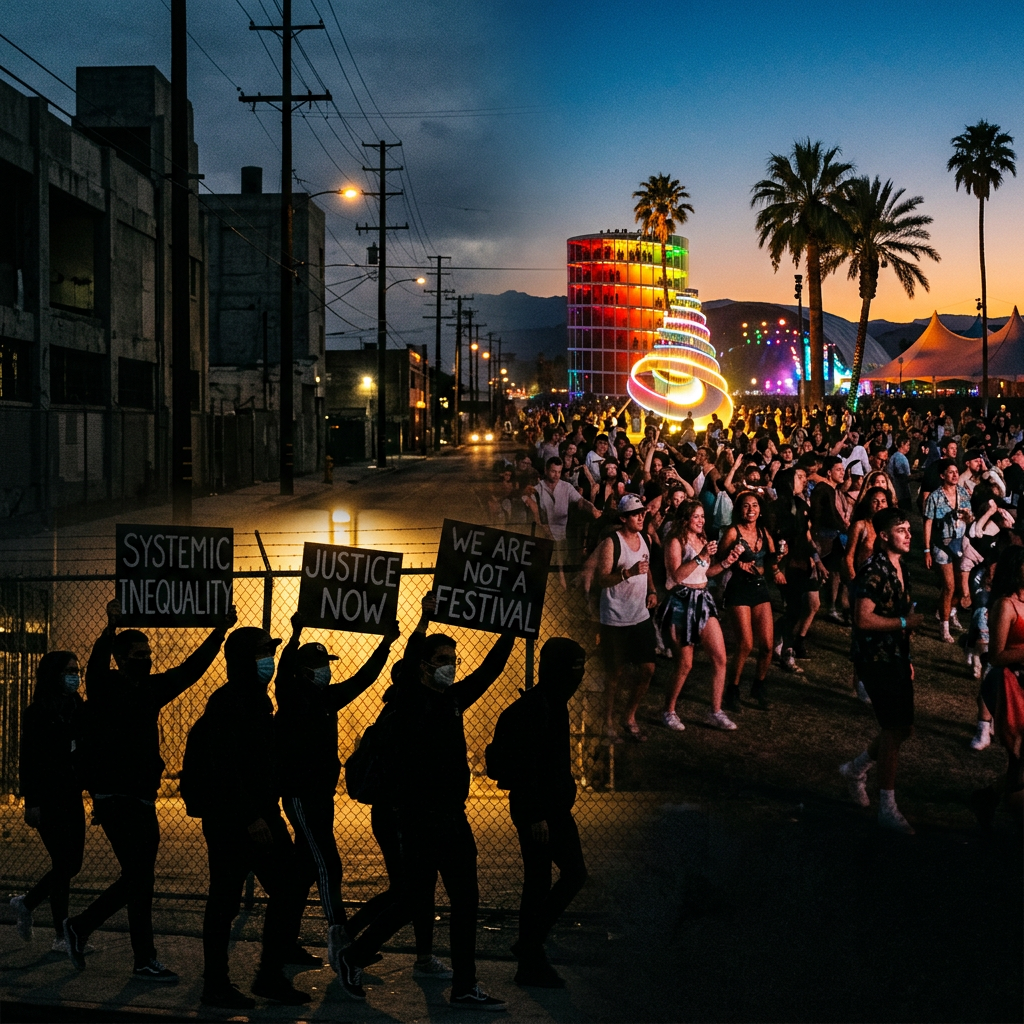 A vibrant crowd at Coachella, juxtaposed with signs of national discontent nearby.
