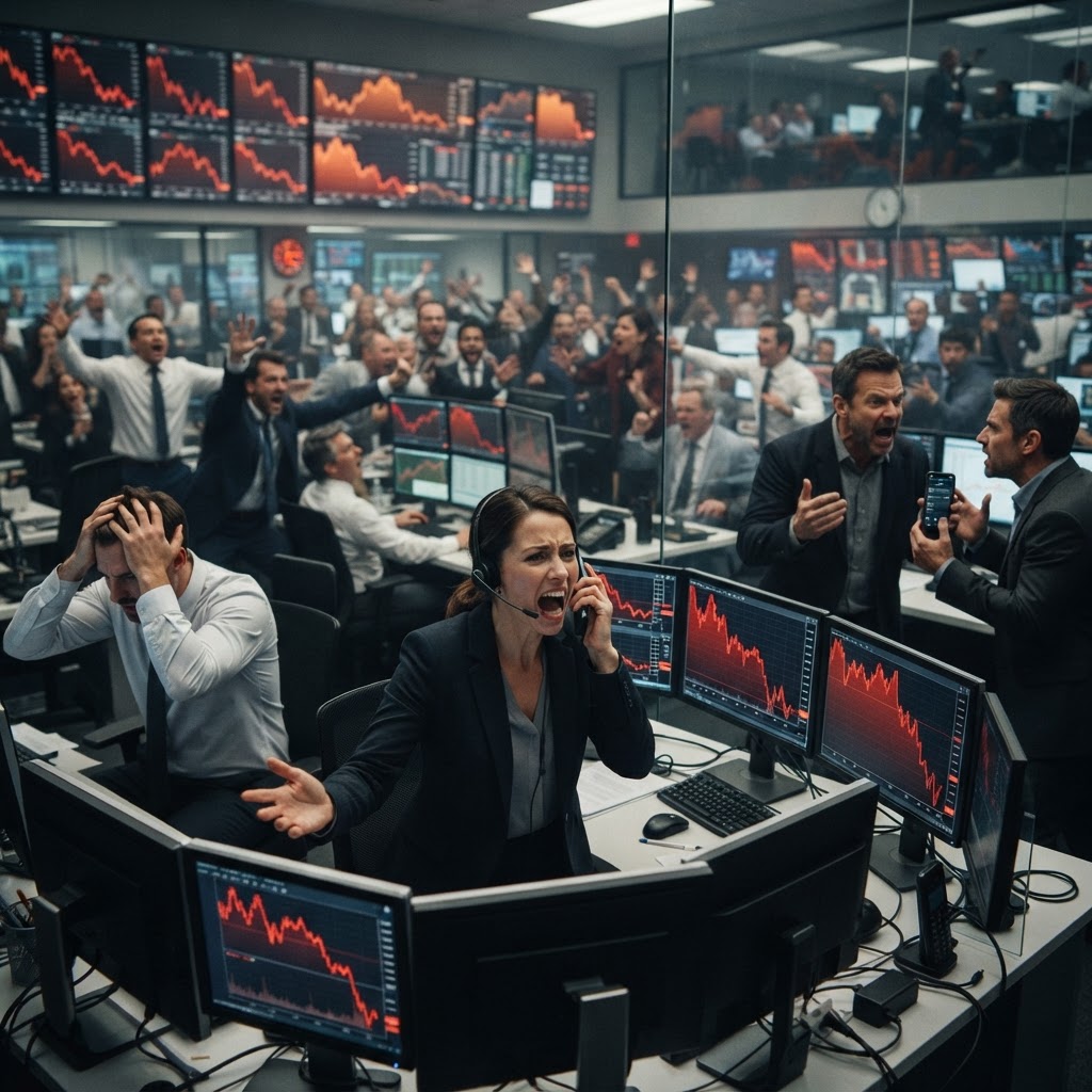 AI flash crash 2026 scene showing trading screens, frantic brokers, market turmoil