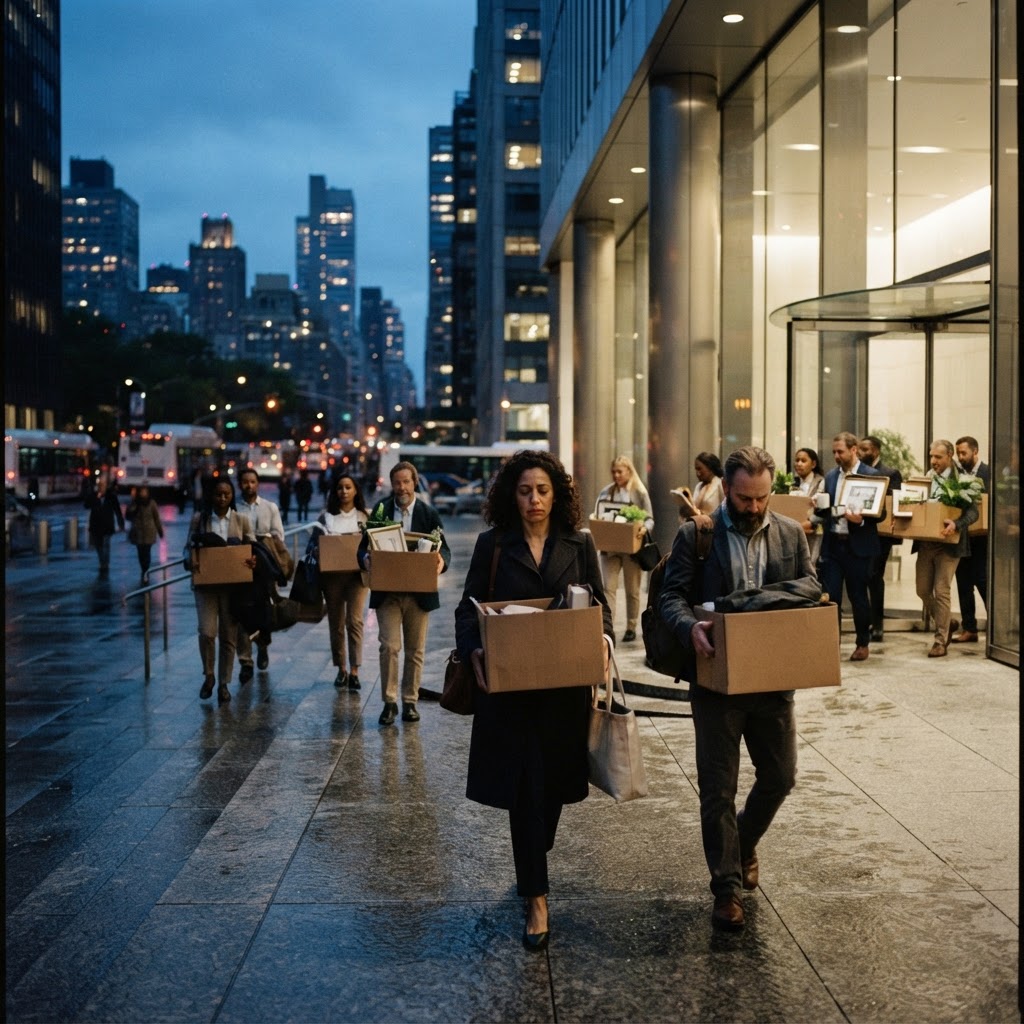 Office workers leave a corporate headquarters, symbolizing AI restructuring job losses.