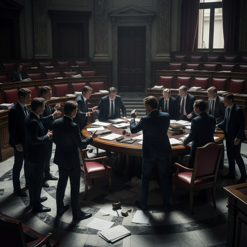 Scene of a political party meeting highlighting a party feud over voting rights legislation.