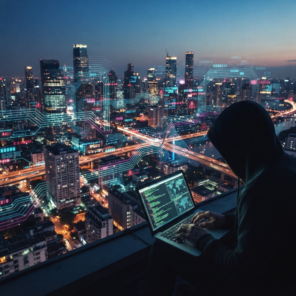 An urban skyline with digital lines illustrating vulnerabilities in smart city infrastructure.