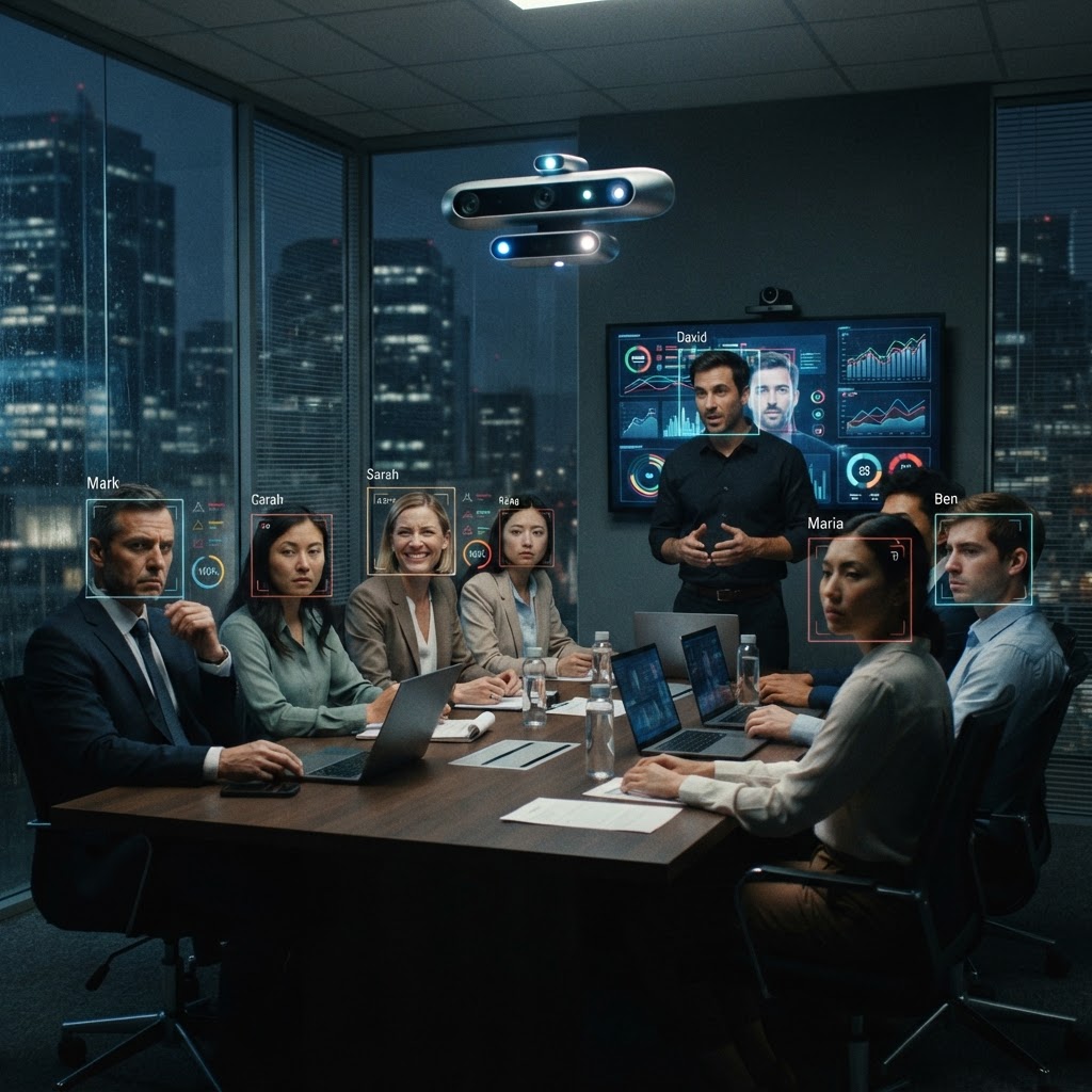 A corporate meeting room with emotion detection software analyzing employees' faces