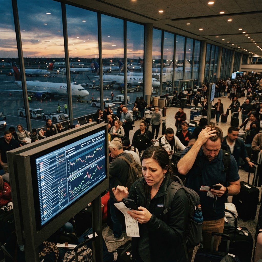Airline surge pricing crisis July 4th, planes at sunrise on busy runway