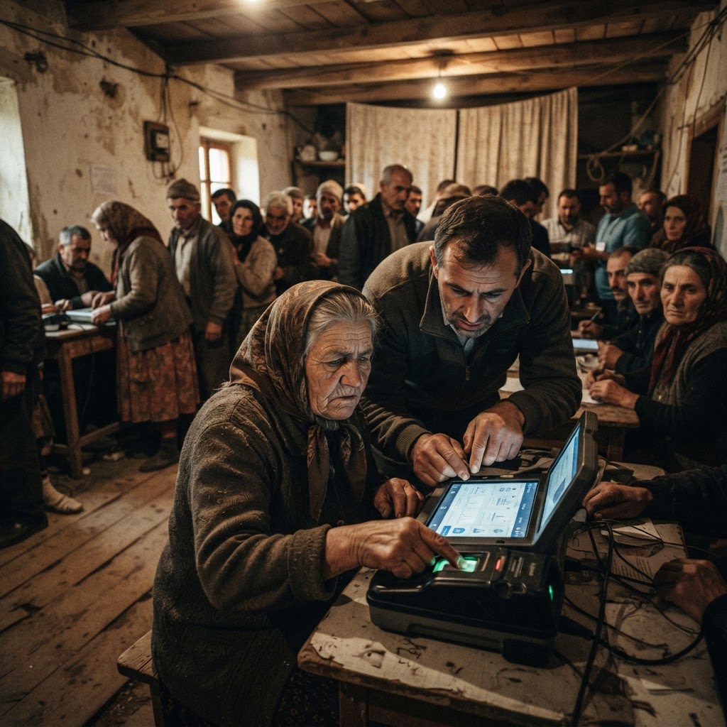 Voters using biometric voting machines in a polling station