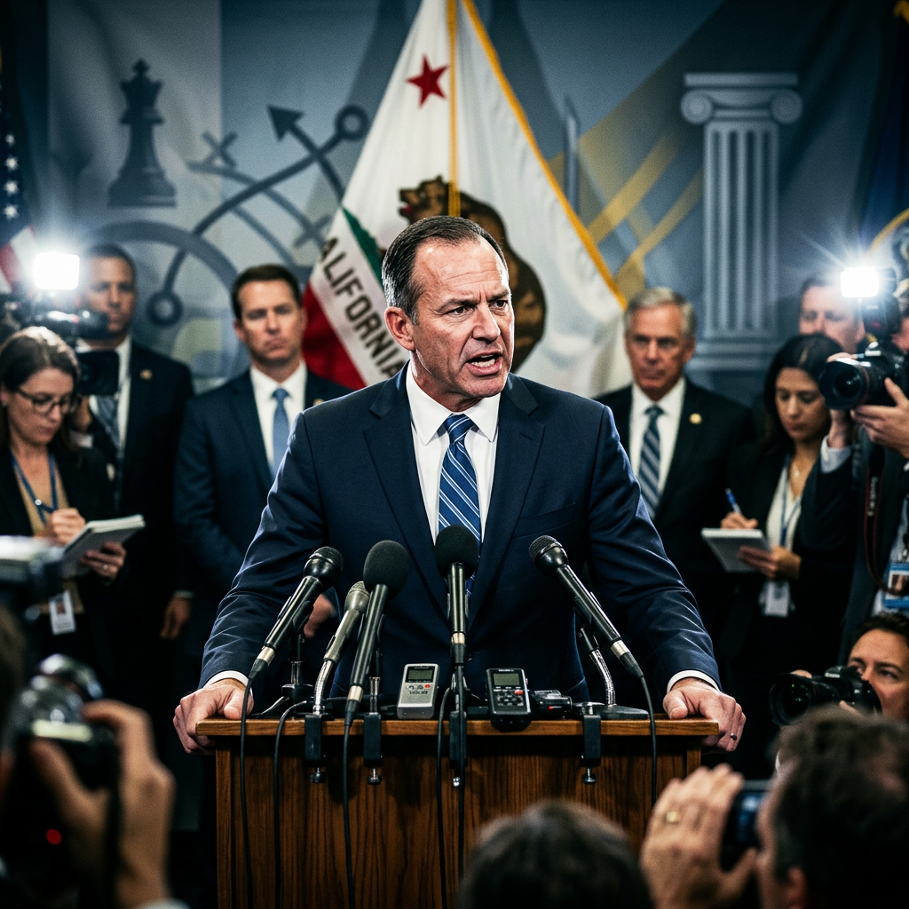 A solemn Eric Swalwell speaking at a podium, symbolizing political integrity challenges.