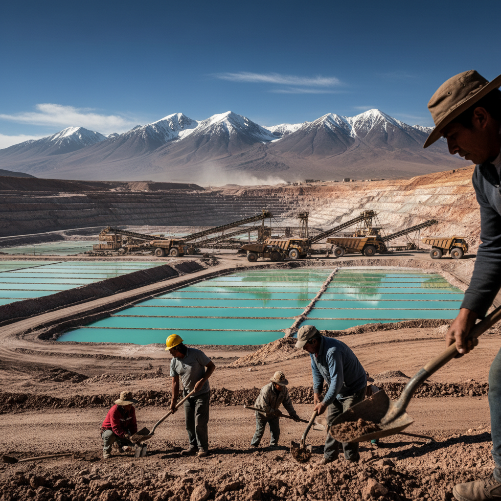 Diverse workers extract minerals in a landscape overshadowed by corporate interests.