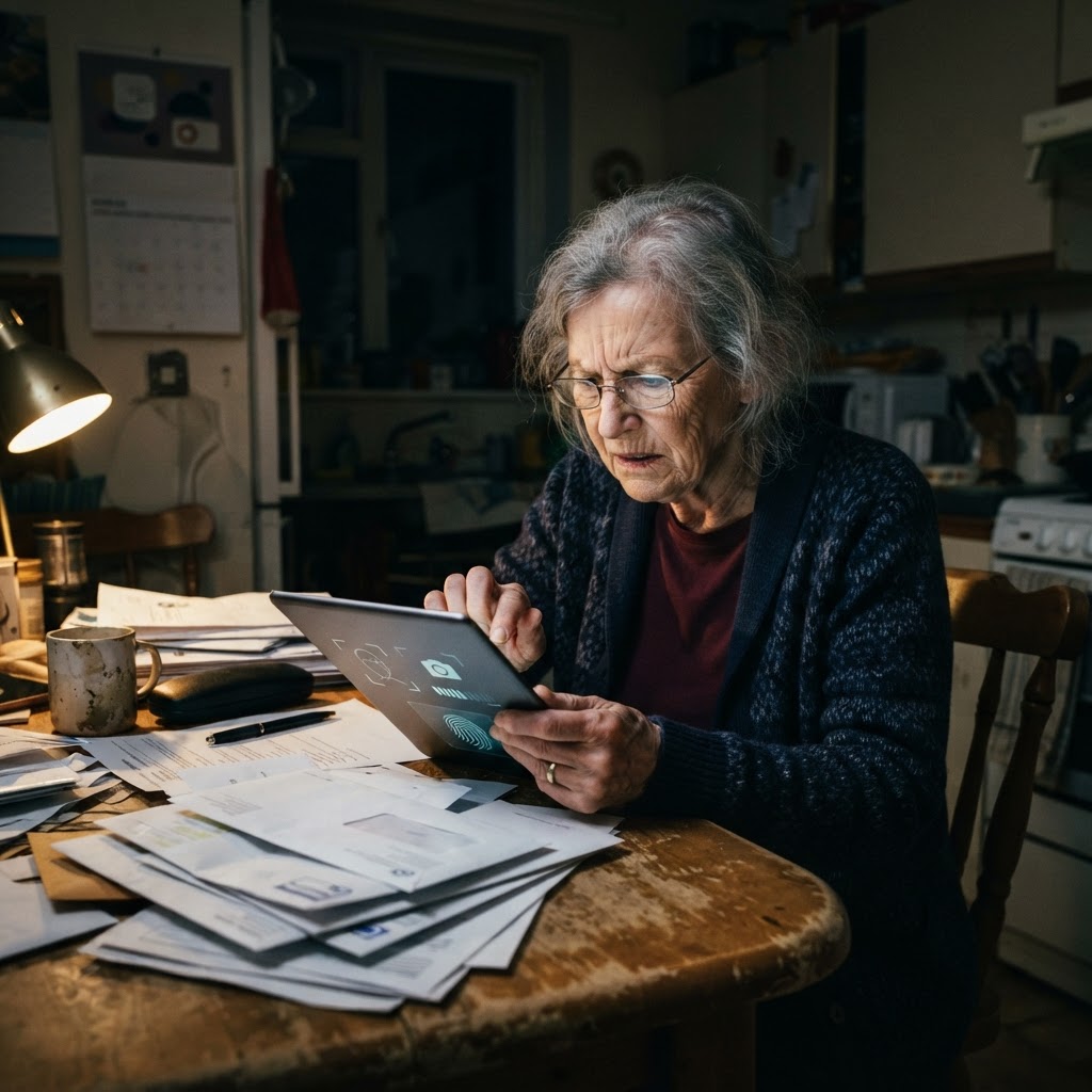 A concerned elderly person struggles with technology while accessing federal benefits, highlighting the challenges of digital ID mandates.