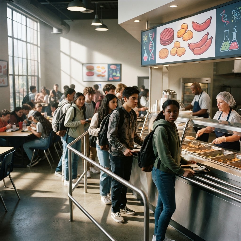 School cafeteria serving lab grown meat to students, a controversial practice