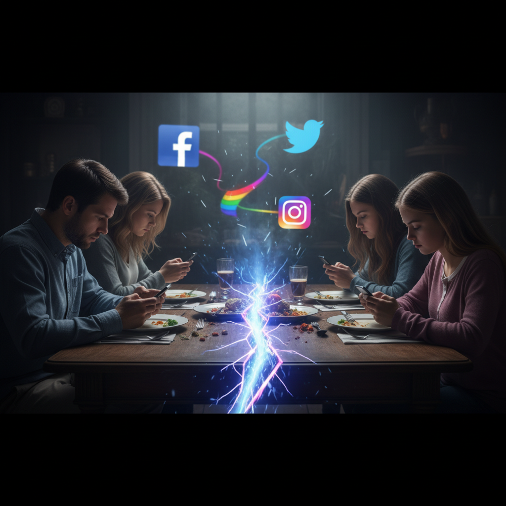 Family at the dinner table, each on their phones, highlighting social media polarization