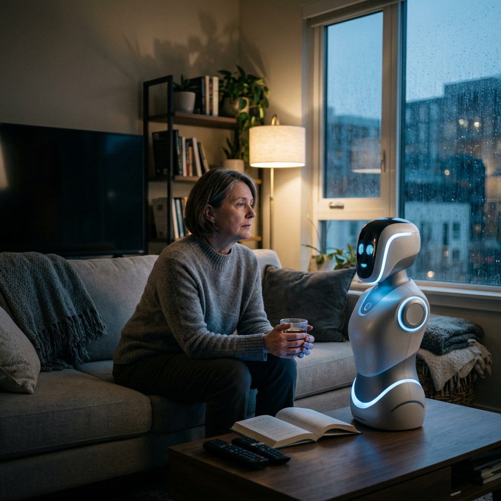 A solitary figure interacts with a humanoid AI partner in a dimly lit room.