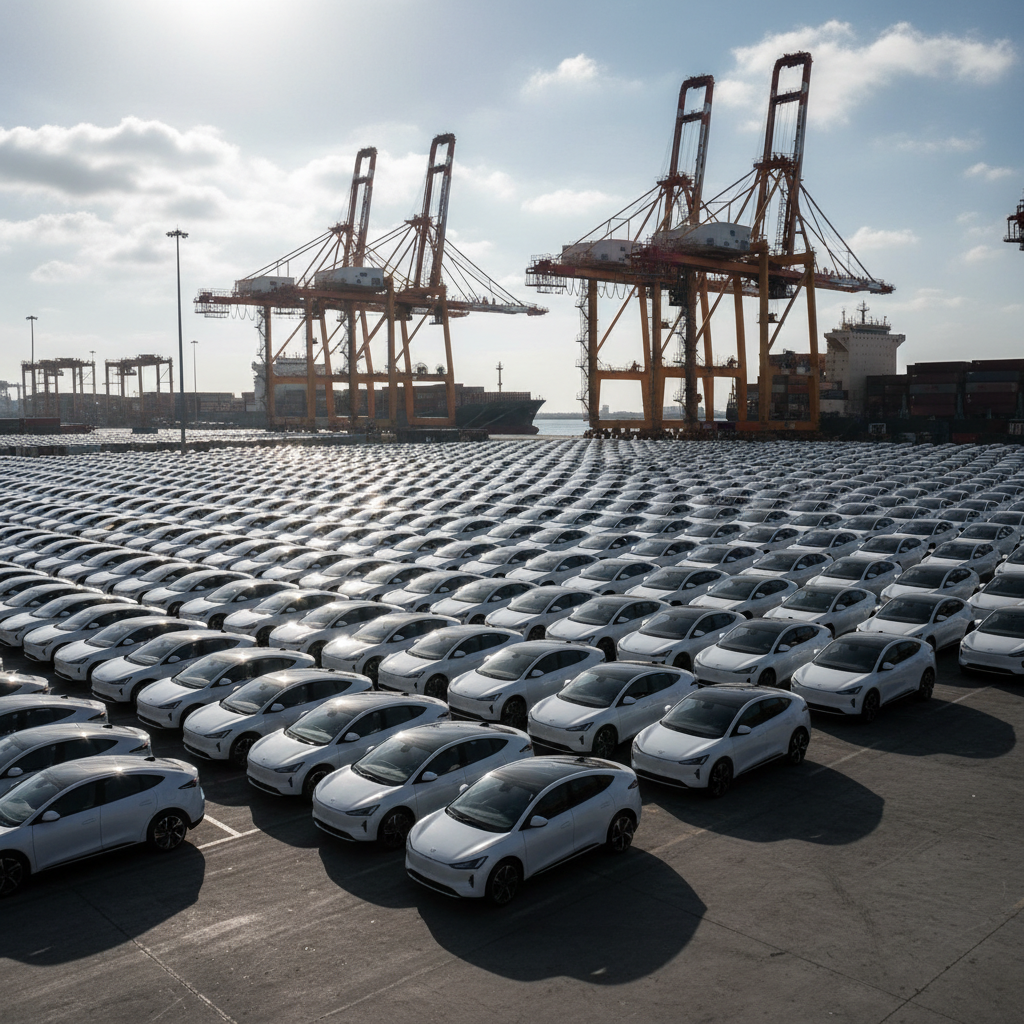 Chinese electric vehicles lined up at a Mexican border crossing, highlighting the impact of U.S. tariffs