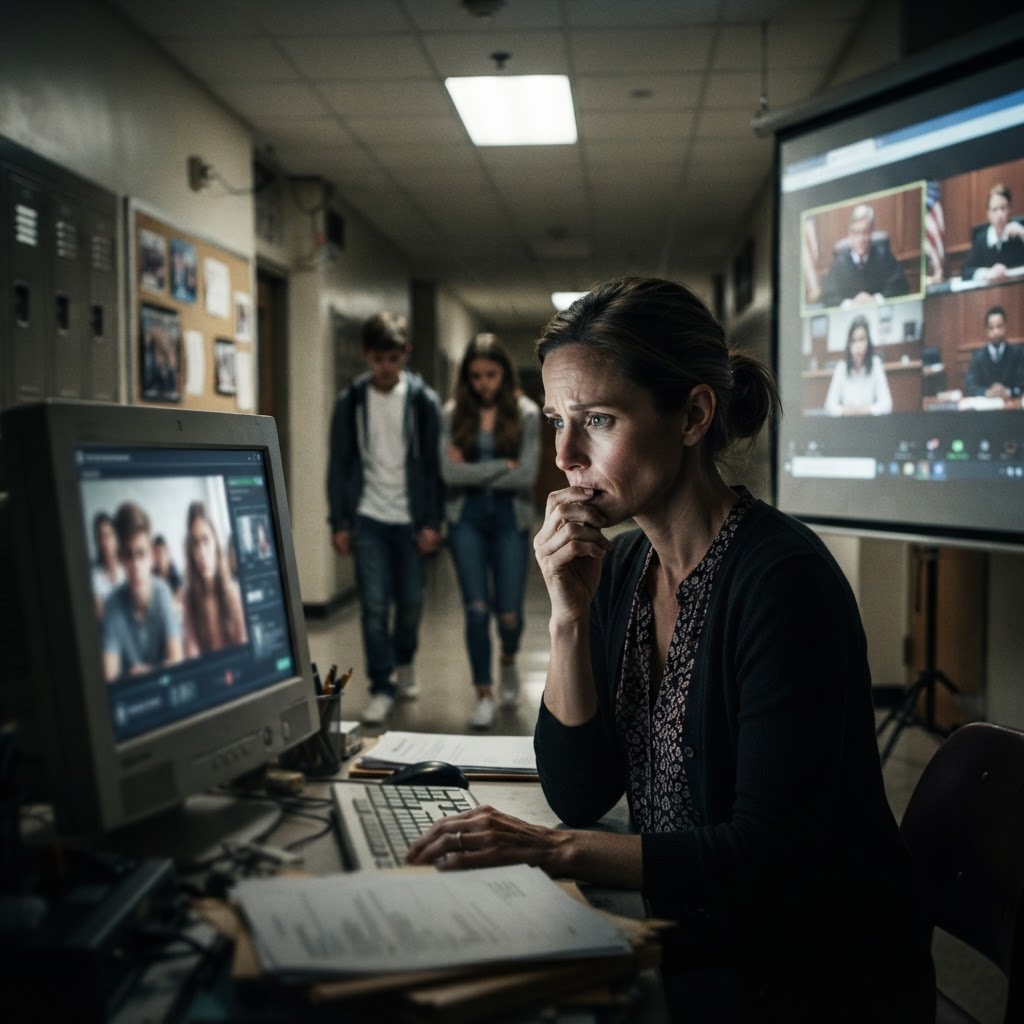 A concerned student looking at a computer displaying a deepfake image, illustrating school deepfake bullying laws.