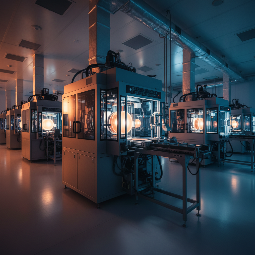 Factory floor of China mature node semiconductors, intricate machinery in action.