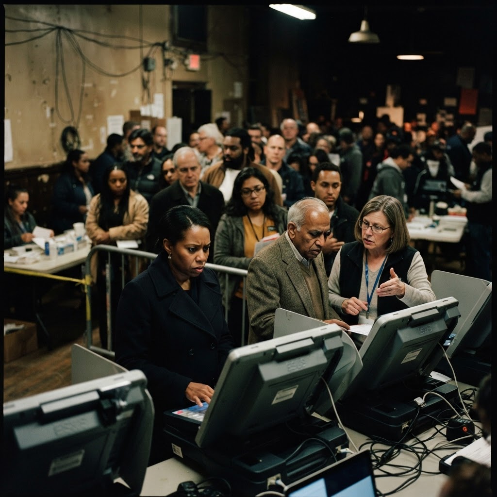Privatized software influencing voter roles, impactful scene of voter purge process.