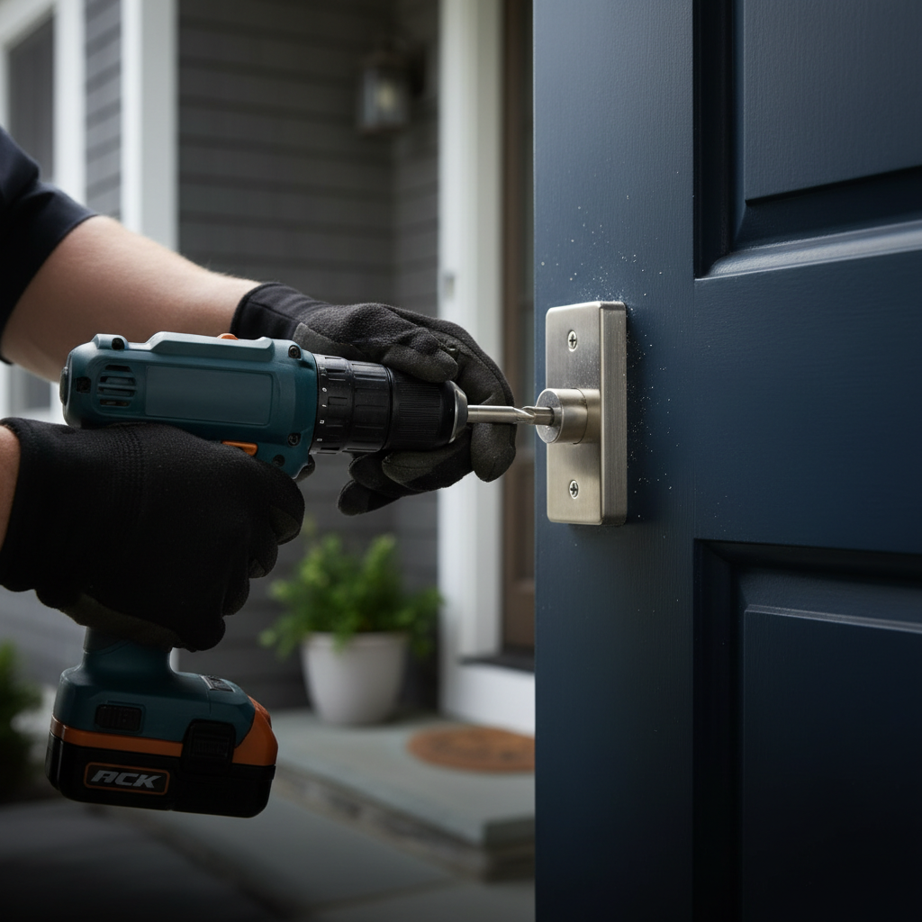 Residential locksmith installing a deadbolt at a Newton Massachusetts home