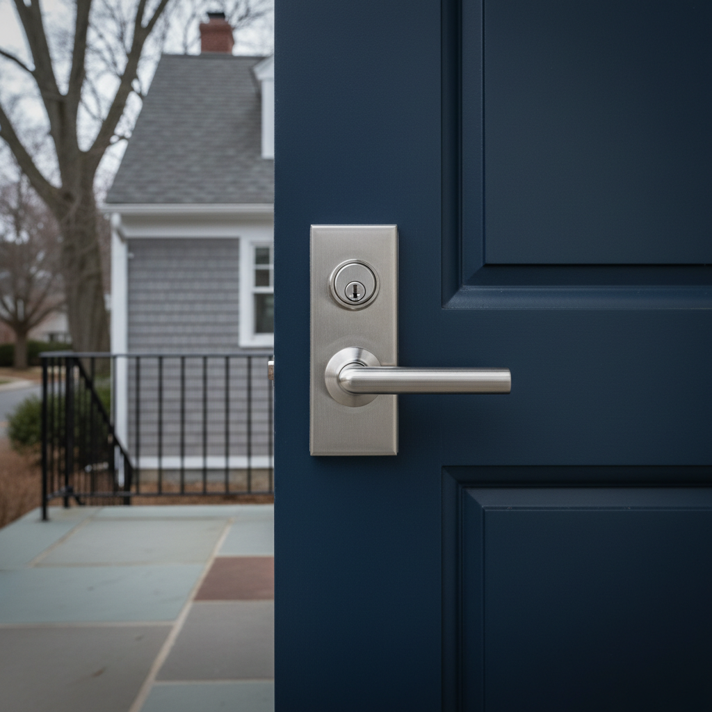 Secure residential front door with modern deadbolt in Newton Massachusetts