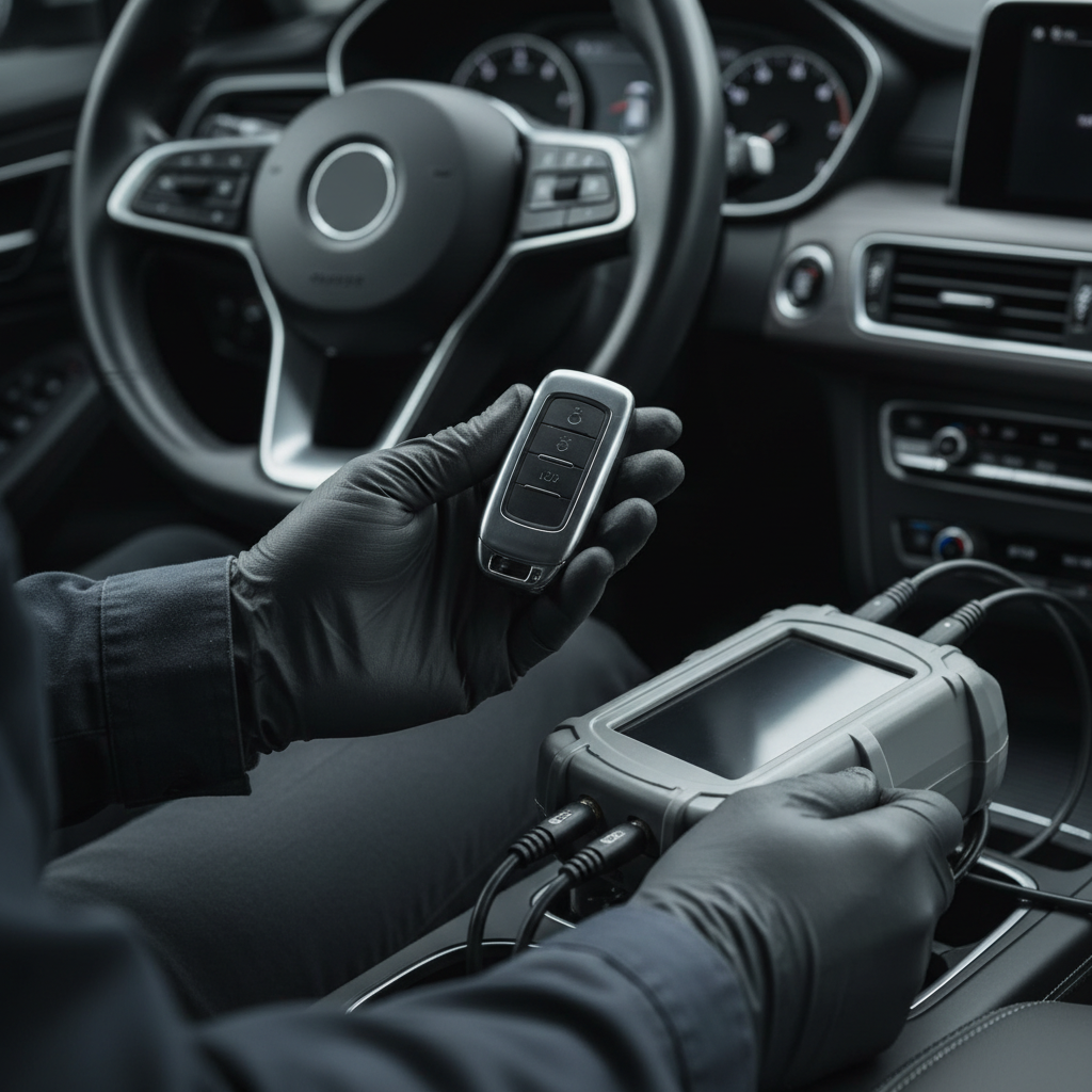 Mobile locksmith programming a replacement car key in Newton Massachusetts