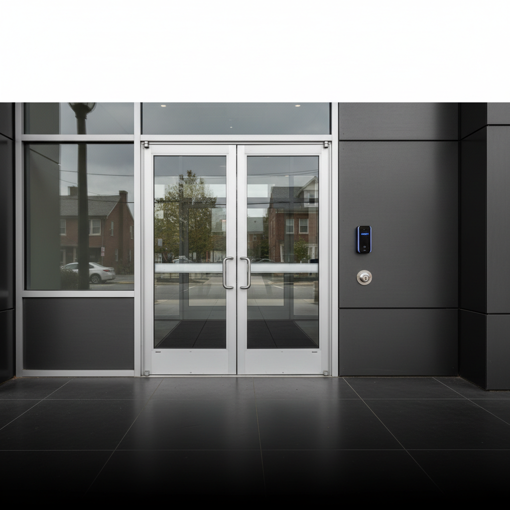 Commercial door security hardware at a Newton Massachusetts business
