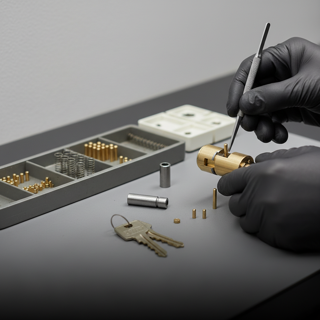Professional locksmith rekeying a door lock cylinder in Newton MA