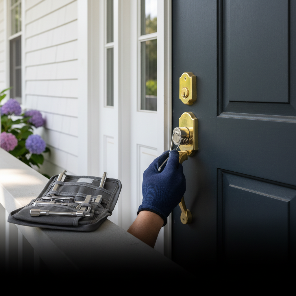 Mobile emergency locksmith working on a residential door lock in Newton MA