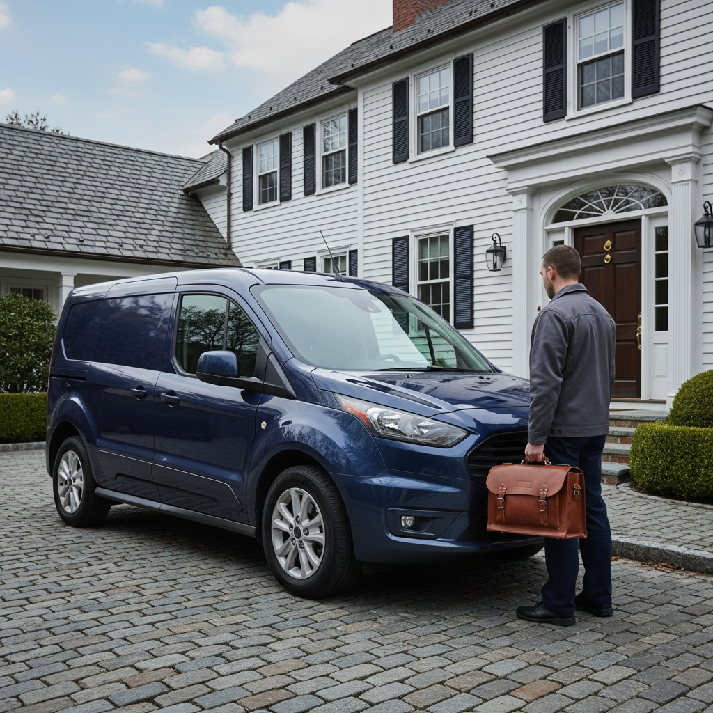 Mobile emergency locksmith arriving to assist at a home in Newton MA