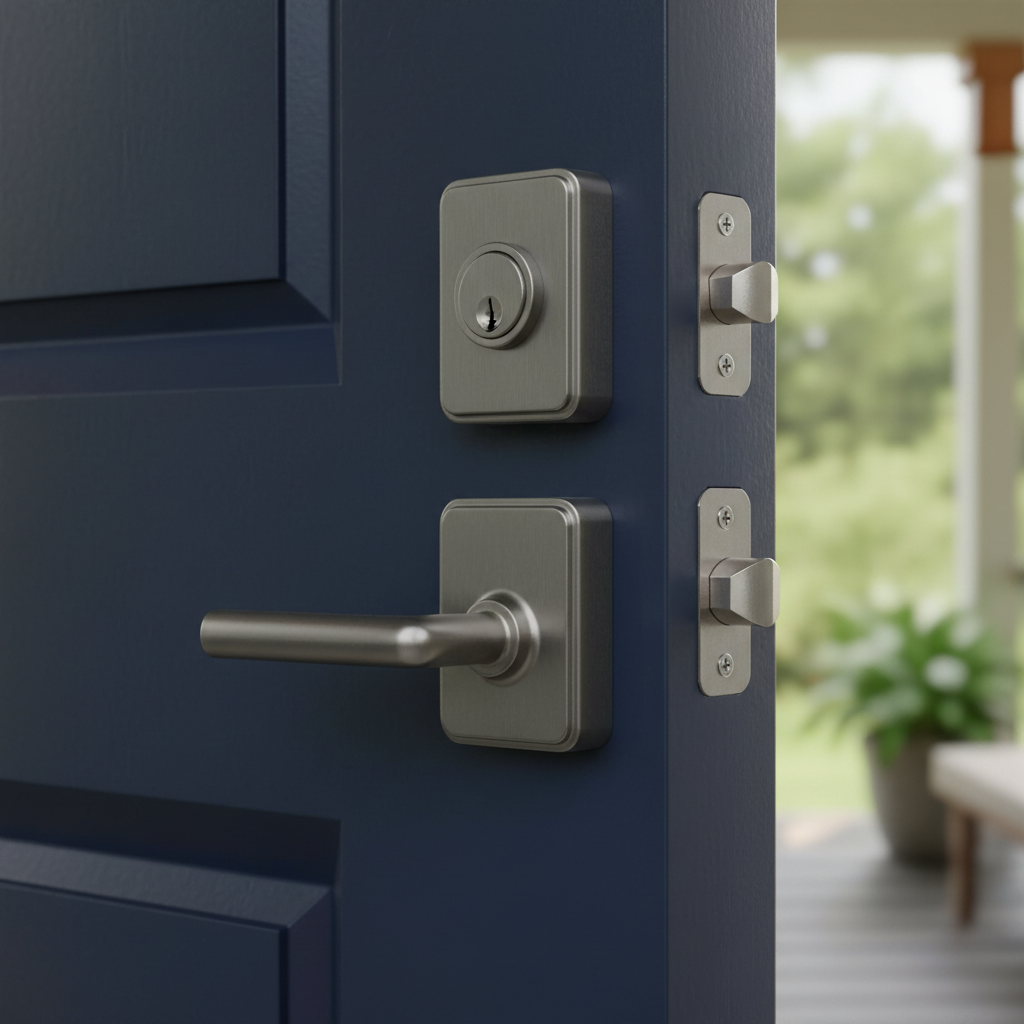New deadbolt and door handle professionally installed at a Newton MA home