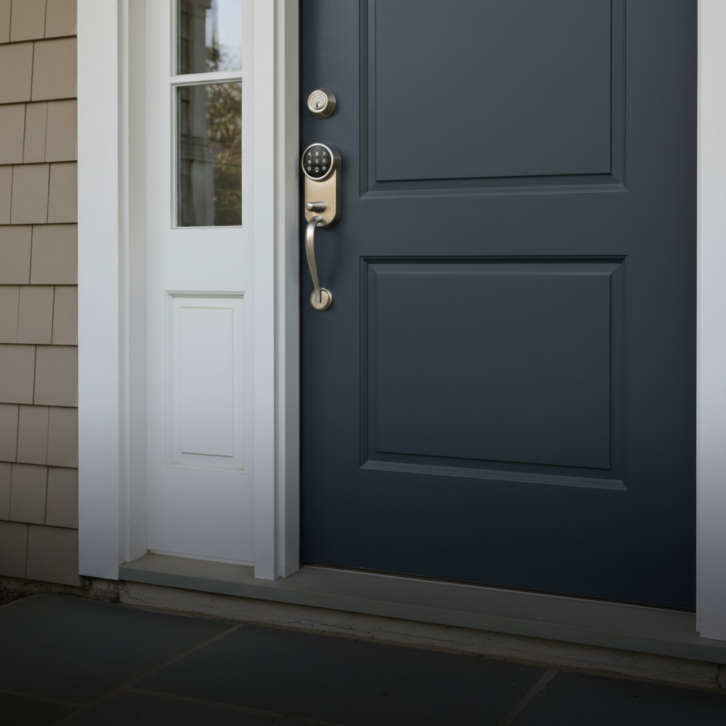 Modern smart lock installed on a residential door in Newton Massachusetts