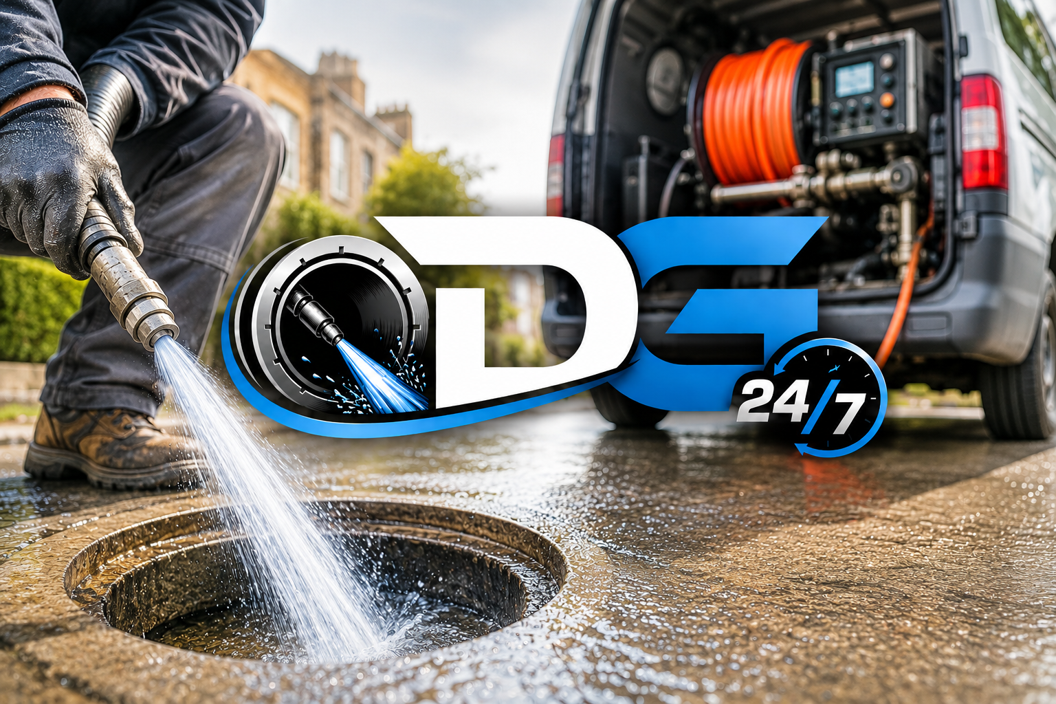 DrainGuard engineer performing high-pressure drain jetting