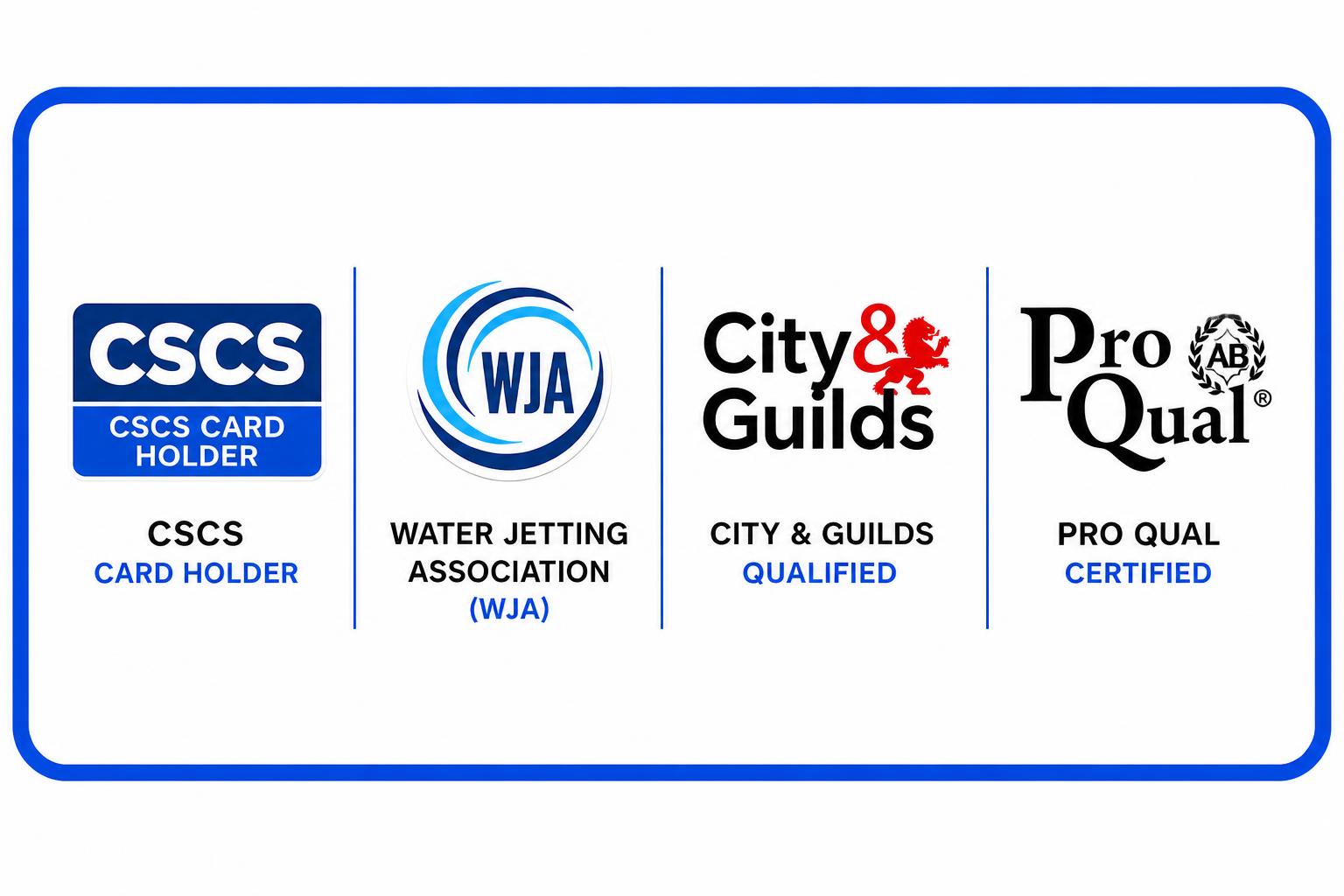 DrainGuard 24/7 Ltd trade qualifications — CSCS Card Holder, Water Jetting Association (WJA), City & Guilds Qualified, Pro Qual Certified