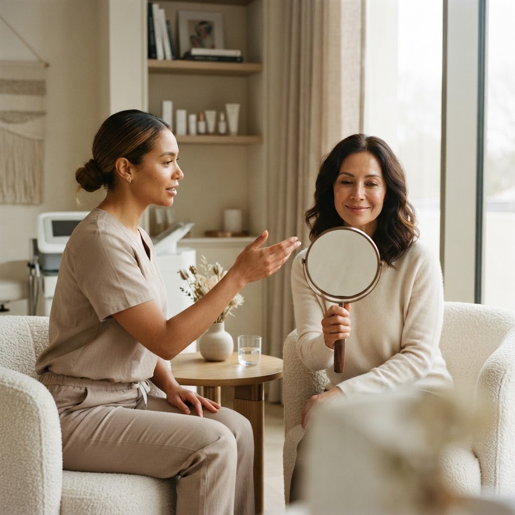 A Beyond Skin UK consultation, with the patient reviewing her skin in a handheld mirror