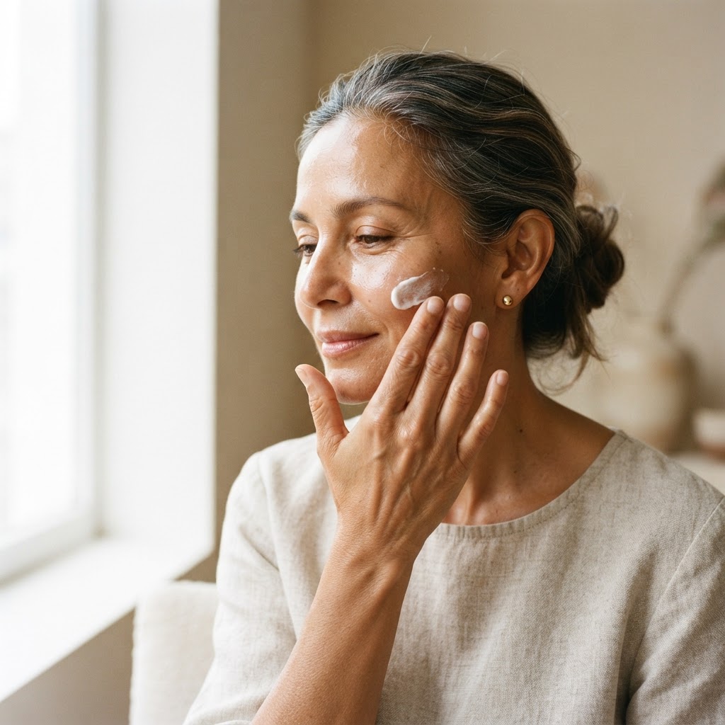 Woman in her fifties applying sun protection to her cheek