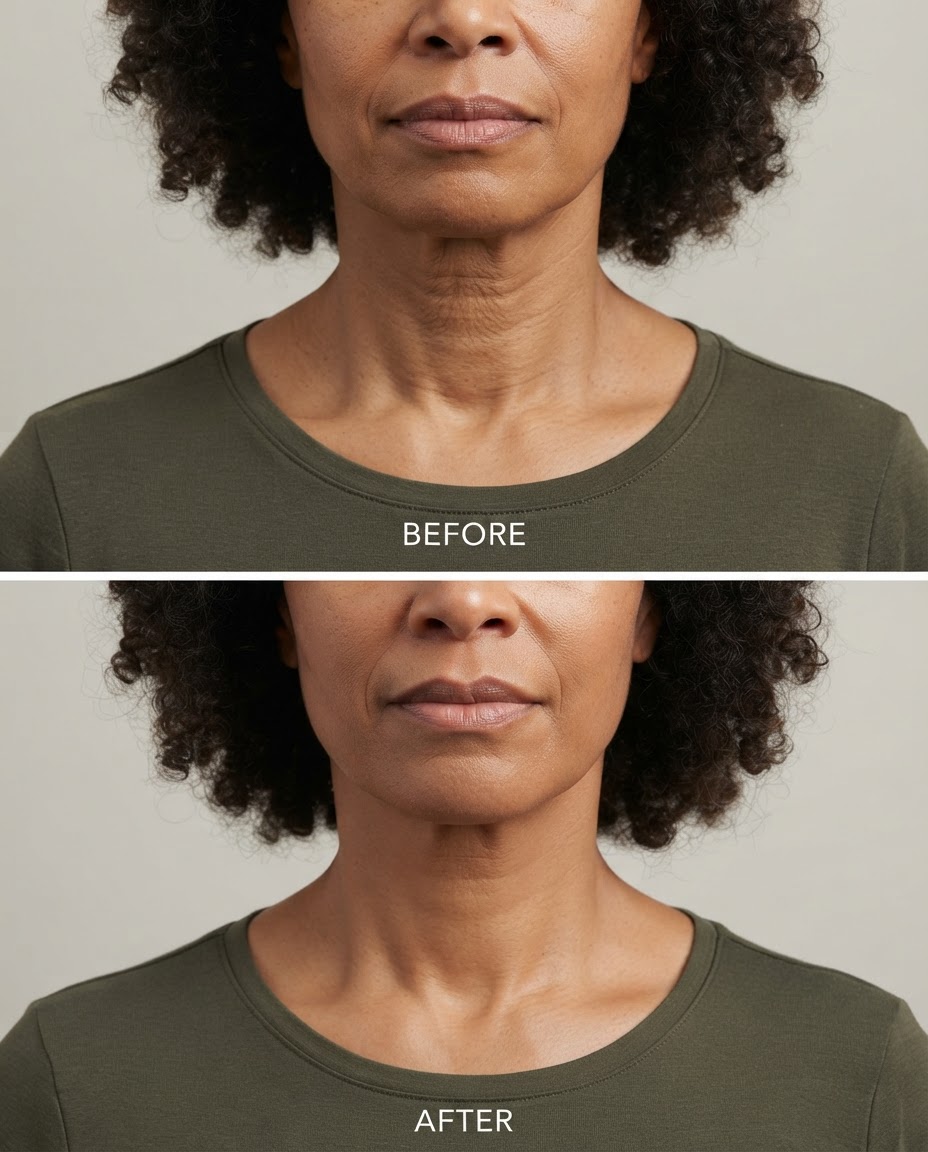 Illustration of a neck before (top) and after (bottom) the Beyond Skin UK neck protocol