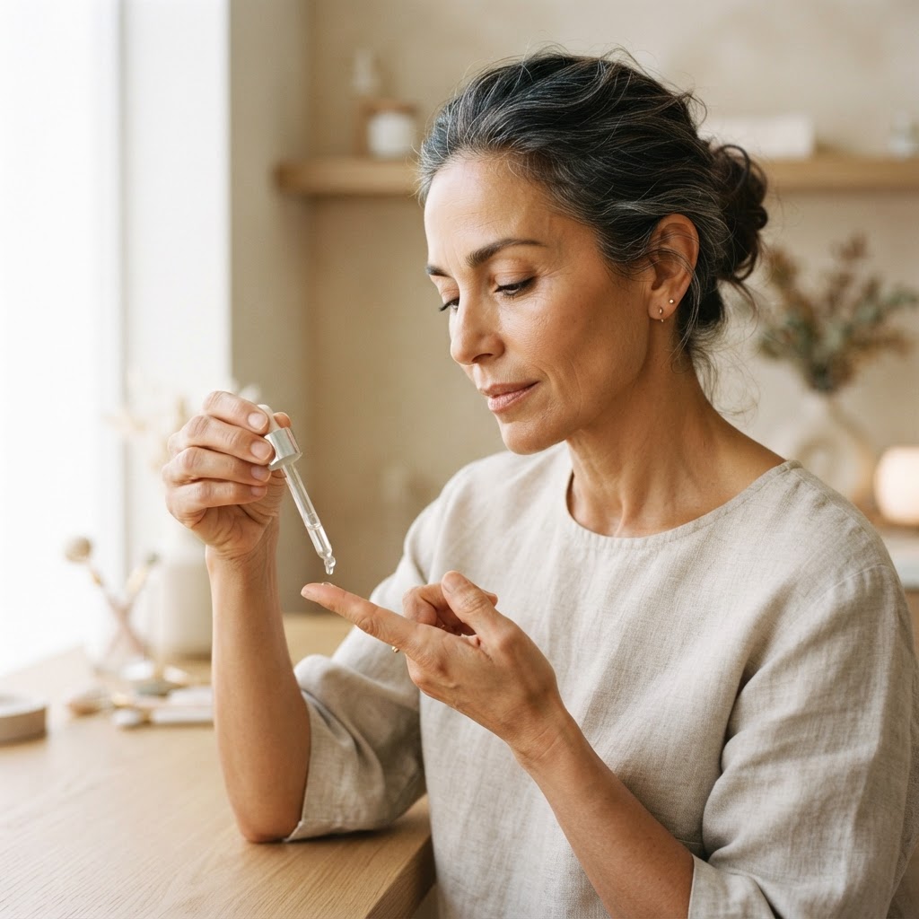 Woman in her fifties dispensing a serum onto her fingertip