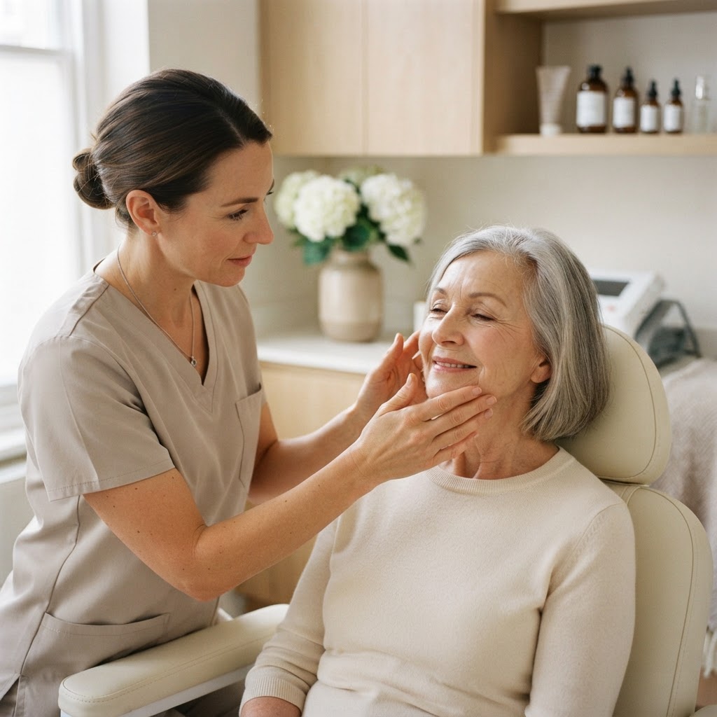 A Beyond Skin clinician assessing a client's skin during consultation