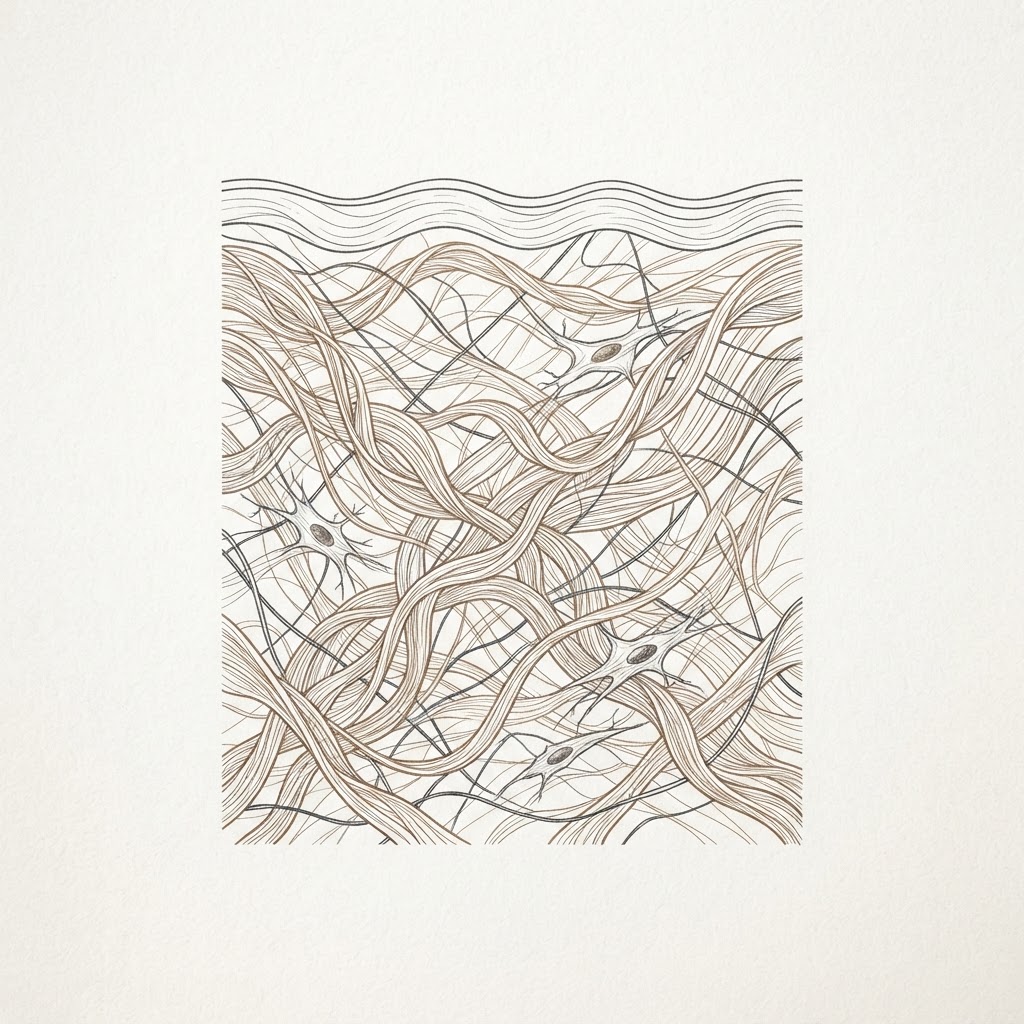 Illustration of collagen and elastin fibres within the dermis