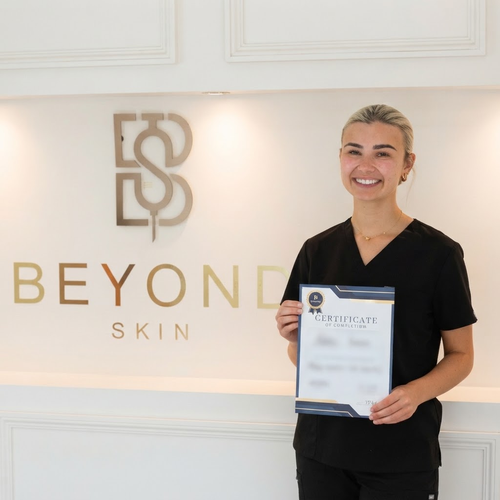A Beyond Skin UK student holding her certificate of completion after private 1:1 training