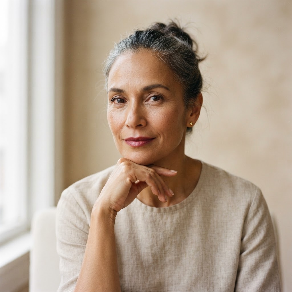 Calm portrait of a woman in her fifties with clear skin