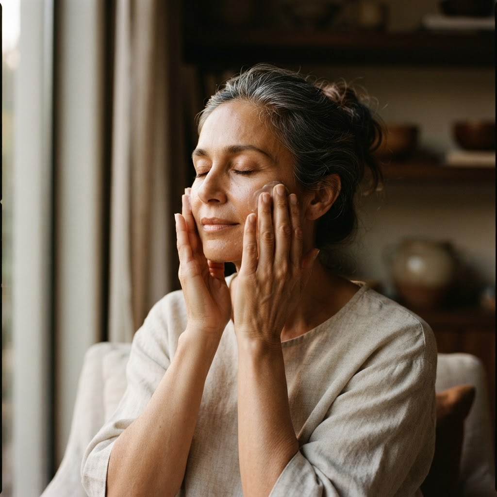Woman in her fifties pressing moisturiser into her skin