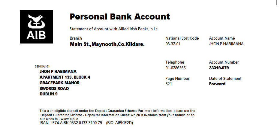 AIB statement header