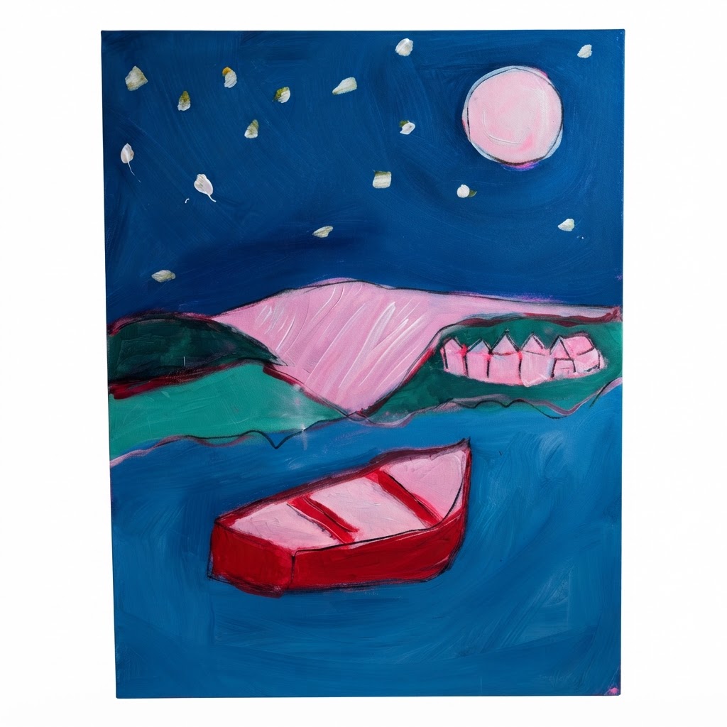 Boat Under the Pink Moon and Stars
